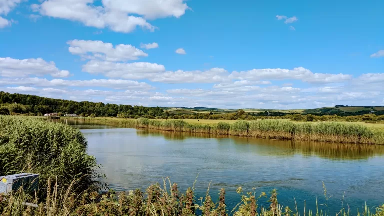 A serene landscape near Arundel showcases a calm river reflecting the blue sky and fluffy clouds. Lush green reeds and grass border the water, with rolling hills and a mix of trees in the background under a bright, sunny sky.