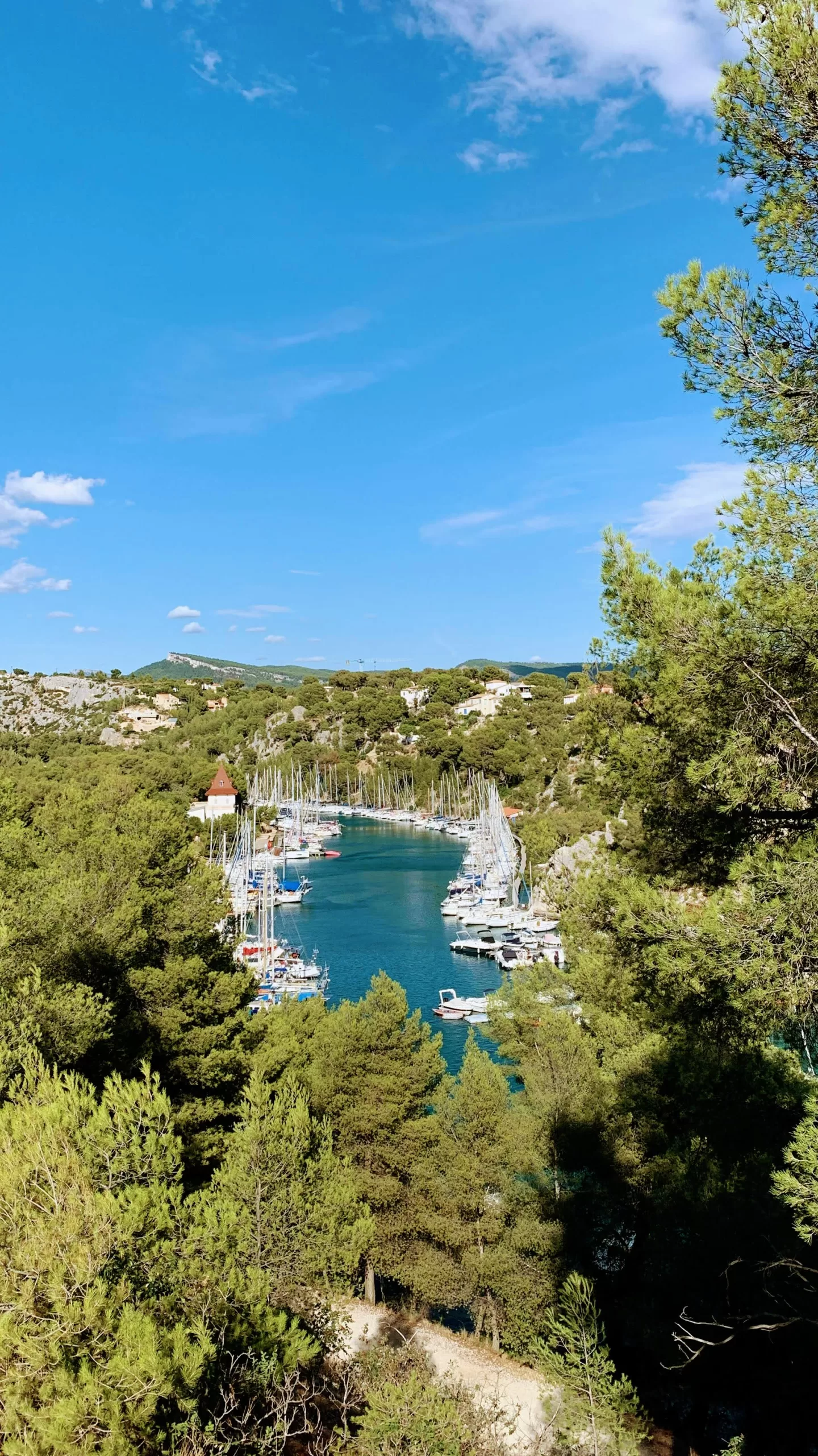 Scenic view of a narrow marina in the south of France, surrounded by lush green trees, with several sailboats docked along the blue water. A small red-roofed building is nestled among the trees under a clear blue sky.