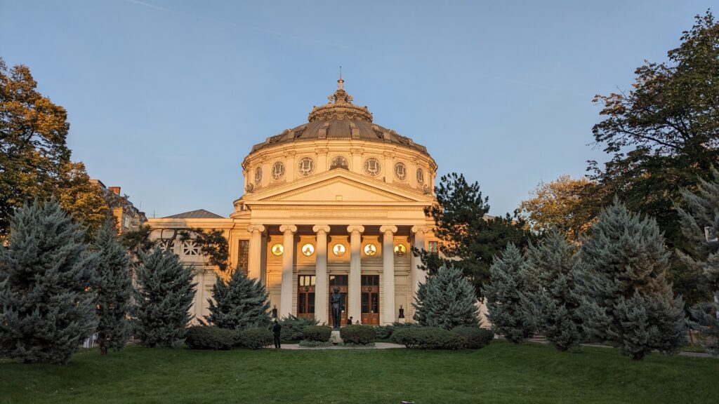 Grand building with lush greenery
