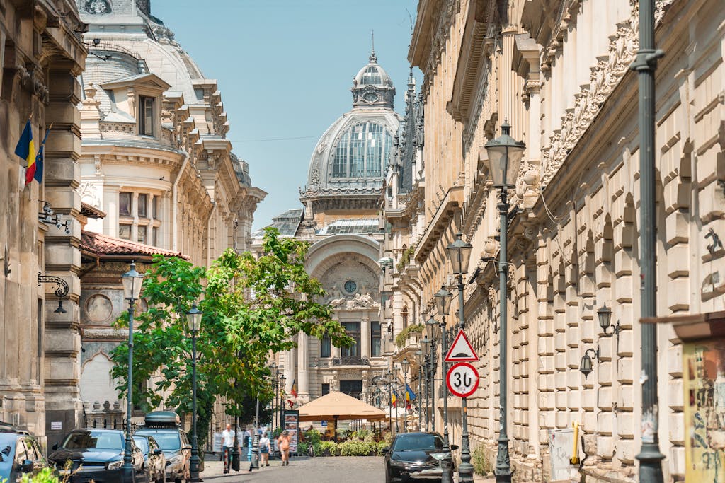Beautiful historic street view of Bucharest's architectural landmarks. Explore Romania's cultural heritage.